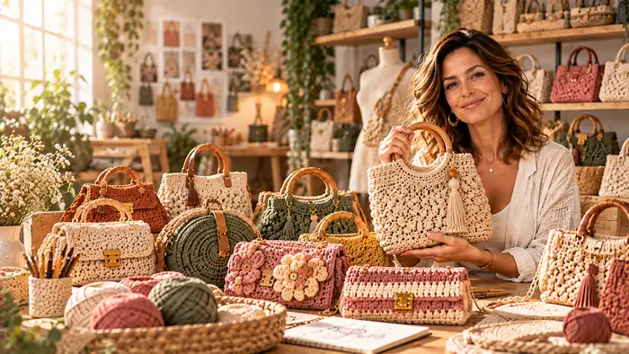 Mujer creando bolsas artesanales